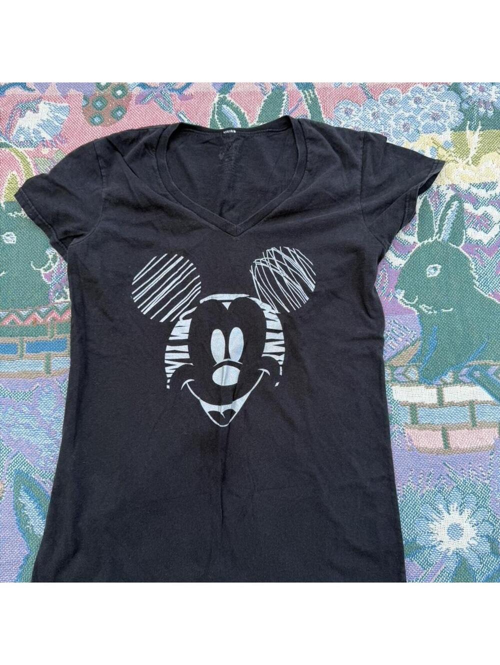 Disney Mickey Mouse Black V-Neck T-Shirt Size M (7-9)